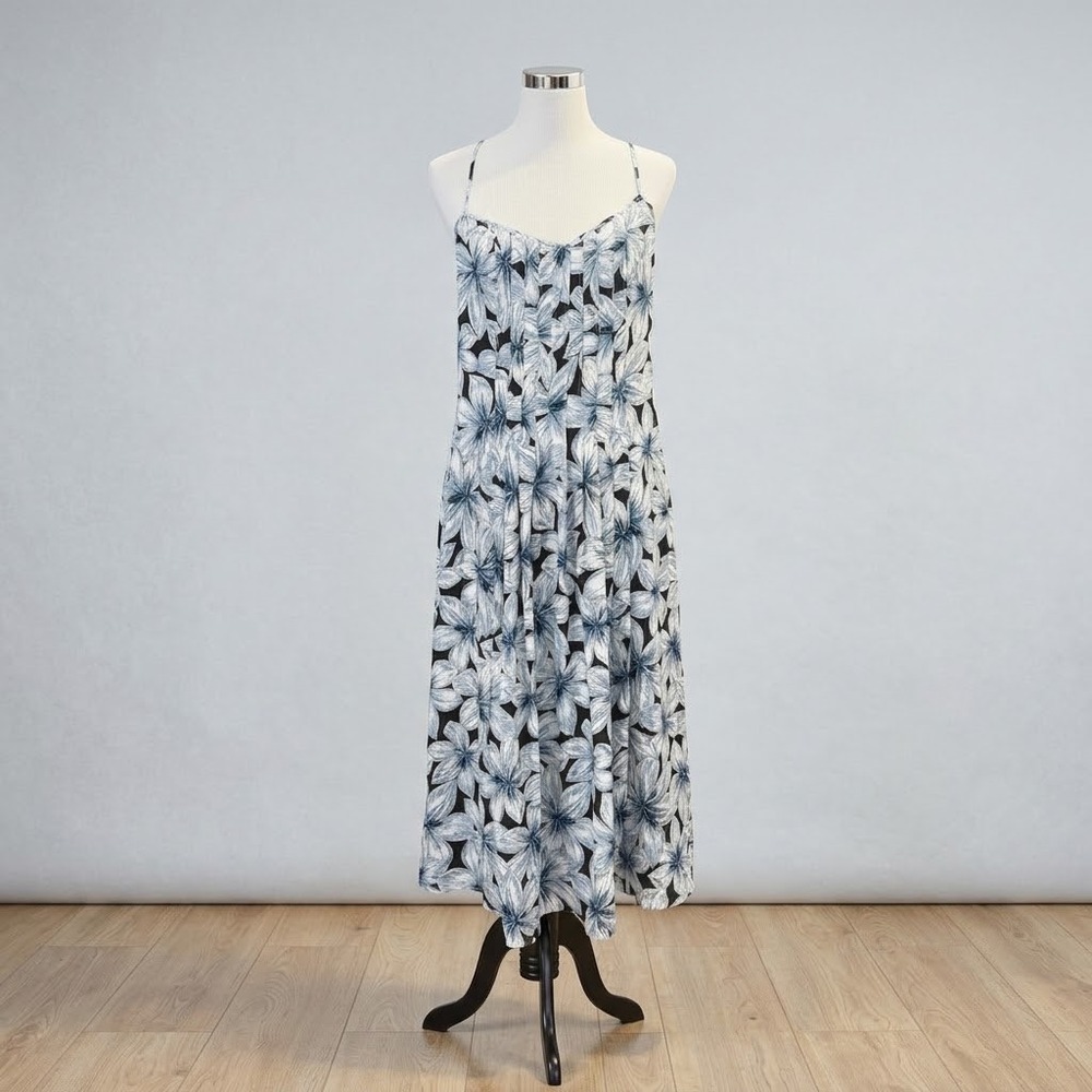 Banana Republic Size-14 Floral Midi Dress Blue White Black Pleated V-Neck New